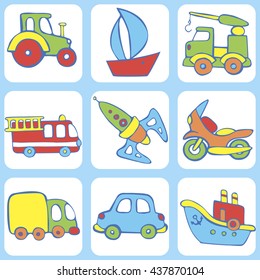 Cute seamless baby pattern. Set of  transport for children: a ship, car, scooter,  boat, truck, crane, fire engine, spaceship. Hand drawn vector illustration.