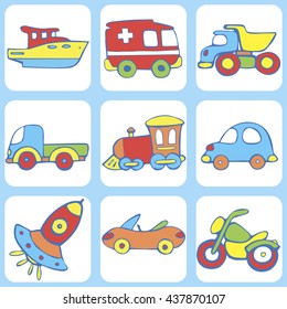 Cute seamless baby pattern. Set of  transport for children: a train, ship, car, scooter, Ambulance, boat, truck,  rocket. Hand drawn vector illustration.