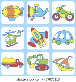 Cute seamless baby pattern. Set of  transport for children: a boat,  rocket,  excavator, motorbike, aircraft , helicopter. Hand drawn vector illustration.