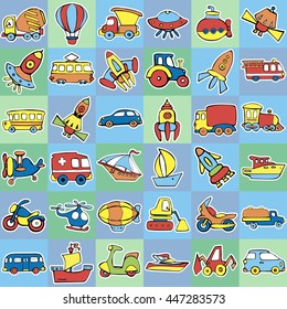 Cute seamless baby pattern. Set of transport for children. Hand drawn vector illustration.