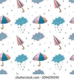 Cute seamless baby pattern with umbrellas and clouds in rainbow pastel colors.
