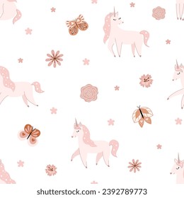 Cute seamless baby pattern with unicorns, butterflies and flowers. In gentle pastel colors vector illustration