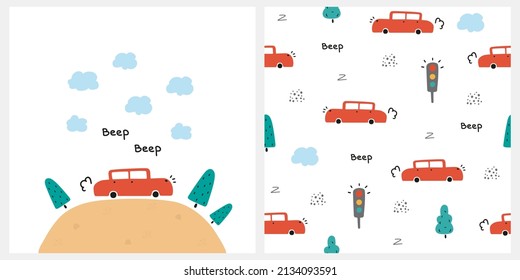 Cute seamless baby vector card and pattern with red car and traffic light