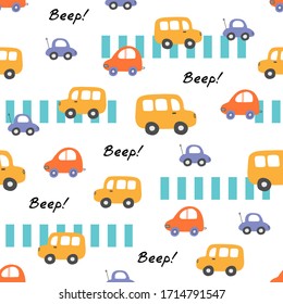 Cute seamless baby vector pattern with car and bus. Funny illustration for kids with repeated ornament of city transport on white background. Auto driving with beep signals