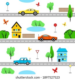 Cute seamless baby vector pattern with cars driving on road. Funny illustration for kids textile with repeated ornament of city transport on white background. Summer citiscape with auto, houses, trees