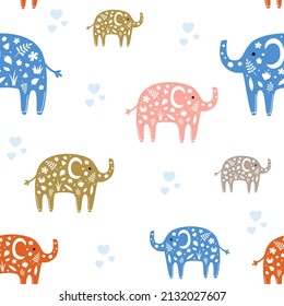 Patrón vectorial de bebé sin costura con elefantes. Graciosa ilustración para niños con ornamentos texturados repetidos de animales salvajes africanos con fondo blanco
