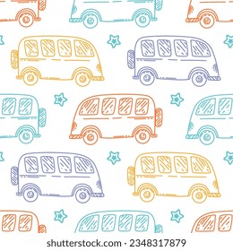 Cute seamless baby vector pattern with colorful autobus drawn in sketch style. Funny illustration for kids textile with repeated ornament of city transport on white background