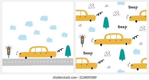 Cute seamless baby vector poster and pattern with yellow car and traffic light