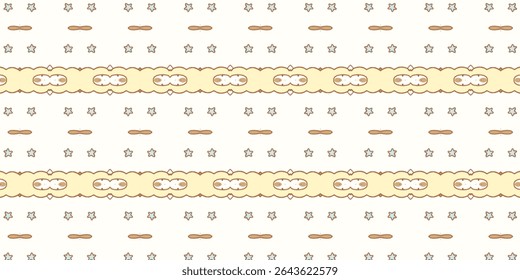 Cute seamless baby-themed pattern with cartoon faces, stars, and soft shapes in pastel tones, perfect for nursery designs and baby clothing.
