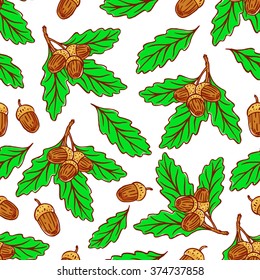 cute seamless background of acorns and oak leaves. hand-drawn illustration