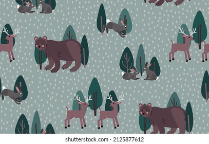 Rein nahtloser Hintergrund mit Tieren. Waldvektormuster mit Bären, Kaninchen und Hirschen.