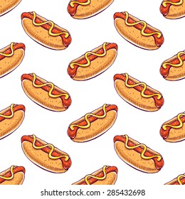 cute seamless background with appetizing hot dogs. hand-drawn illustration