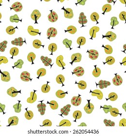 Cute seamless background with apple, pear, carrot, cherry and banana tree Vector illustration