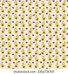 Cute seamless background with avocado and hearts. Avocado Fruit Characters with funny faces. Cute re-print, scarf, packaging design. Vector romantic background