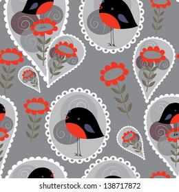 Cute seamless background with black and red birds, lace and flowers