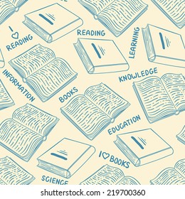 süßer nahtloser Hintergrund mit blauen Büchern und Text auf beigem Hintergrund. Vektorgrafik