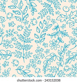 cute seamless background with blue flowers leaves and berries