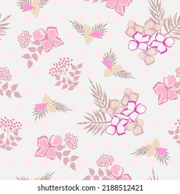 Un entorno agradable y sin costuras con ramos de flores dibujadas a mano en una paleta pastel. Estilo vintage. Impresión botánica para textiles, decoración casera, papel de embalaje, cubierta, fondo, tarjeta de felicitación. Vector.