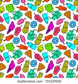 cute seamless background of bright doodle food. hand-drawn illustration