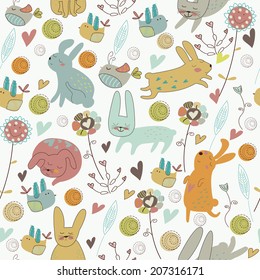 Cute seamless background with bunnies, birds  and flowers in cartoon style