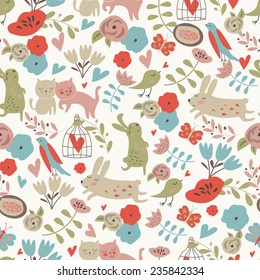 Cute seamless background with bunnies, loving cats, birds, hearts and flowers in cartoon style