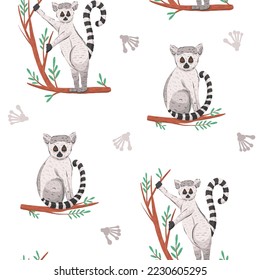 Un fondo perfecto con un lemur de dibujos animados en la rama y los pasos