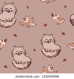 Cute seamless background with cat, birds and red berries. Repeating pattern with fluffy kitten and birds.