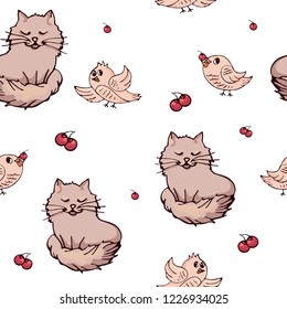 Cute seamless background with cat, birds and red berries. Repeating pattern with fluffy kitten and birds.