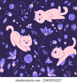 
cute seamless background with cats, flowers and floral ornaments