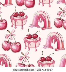 Cute seamless background with cherries, sweets, and melting rainbows.Pink aesthetic pattern with cherries, cakes, and watercolor rainbows.Whimsical dessert and cherry pattern with pastel pink elements