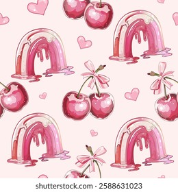 Cute seamless background with cherries, sweets, and melting rainbows.Pink aesthetic pattern with cherries, cakes, and watercolor rainbows.Whimsical dessert and cherry pattern with pastel pink elements