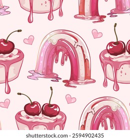 Cute seamless background with cherries, sweets, and melting rainbows.Pink aesthetic pattern with cherries, cakes, and watercolor rainbows.Whimsical dessert and cherry pattern with pastel pink elements