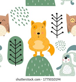 Cute seamless background for childrens room design and kids goods. Scandinavian style. Funny fox, hare and owl in forest. Vector illustration. Pattern is cut, no clipping mask.