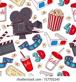 cute seamless background of cinema attributes. hand-drawn illustration