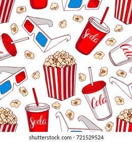 cute seamless background of cinema attributes. hand-drawn illustration