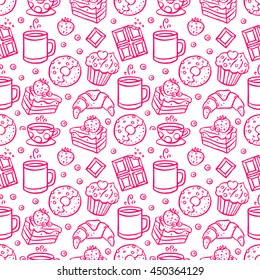 cute seamless background of coffee and desserts icons. hand-drawn illustration