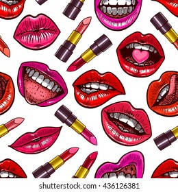 cute seamless background of colorful different lips and lipsticks. hand-drawn illustration