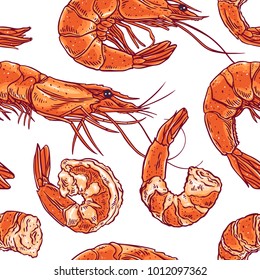 Cute seamless background of cooked different shrimps. Hand-drawn illustration