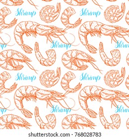 Cute seamless background of cooked different shrimps. Hand-drawn illustration