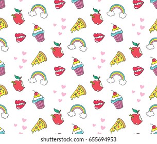 Cute seamless background with cupcake, pizza, and other object