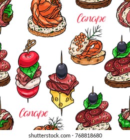 Cute seamless background of different canapes. hand-drawn illustration