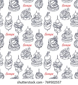 Cute seamless background of different canapes. hand-drawn illustration
