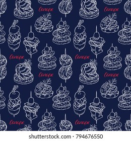 Cute seamless background of different canapes. hand-drawn illustration