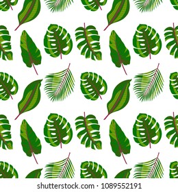Cute seamless background of different green tropical leaves on white background