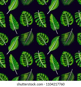 Cute seamless background of different green tropical leaves on black background