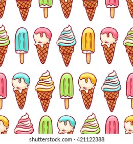 cute seamless background of different ice cream. hand-drawn illustration