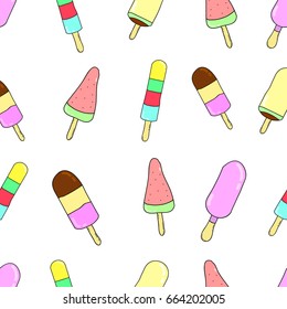 cute seamless background of different ice cream. hand-drawn illustration on the white background, Doodle pattern. 