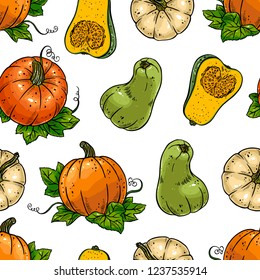 Cute seamless background of different pumpkins. Hand-drawn illustration