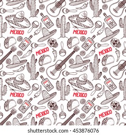 cute seamless background of a different traditional Mexican items. hand-drawn illustration