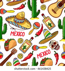 cute seamless background of a different traditional Mexican items. hand-drawn illustration